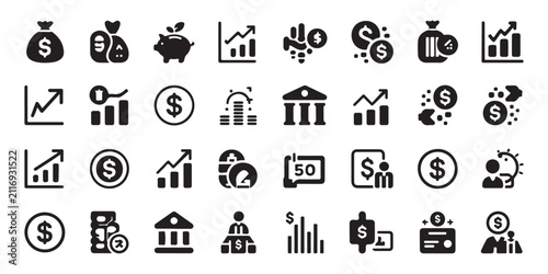 Set of finance and money icons for business and investment graphs isolated on transparent background.