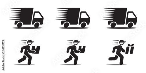 Bild auf Leinwand Set of delivery truck and courier icons representing speed and quick service