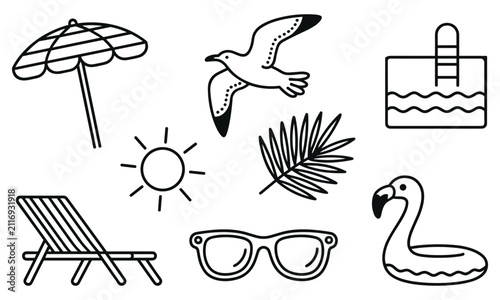 Fotografie Collection of minimalist line art summer icons depicting objects basking in bright sun for happy tropical beach vacation vibes