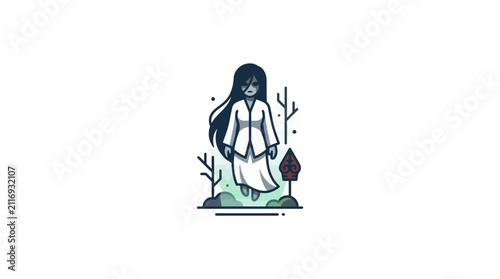 Floating white ghost woman Indonesian folklore Kuntilanak illustration