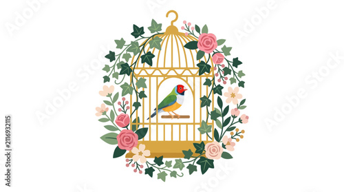 Floral birdcage wreath with small songbird.