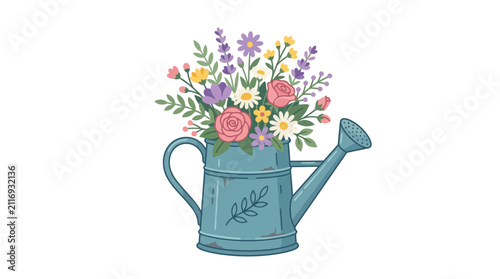 Floral bouquet in light blue watering can.