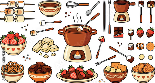 Chocolate Fondue Set with Melting Pot Strawberries Marshmallows Waffles Pretzels and Baking Utensils Flat Doodle Vector Illustration Collection