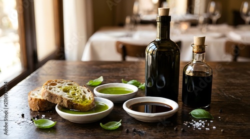 Fresh crusty bread dipped in olive oil and balsamic vinegar on a rustic wooden restaurant table with bottles and basil leaves
