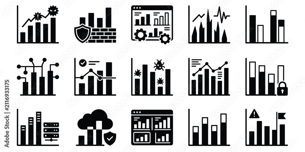 Obraz premium Professional business data analysis icons collection featuring a comprehensive bar graph bundle for financial reporting and analytics