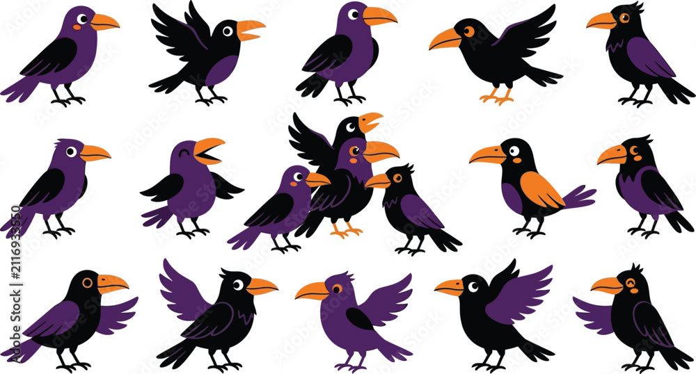 Fototapeta premium A spooky collection of cartoon birds in purple and black for Halloween