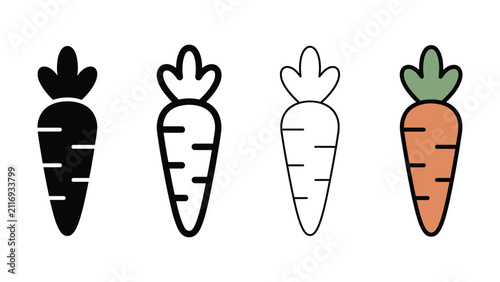 Fotografie Set of four stylized illustrated carrots with different colors and shading on tr