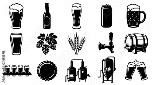 Set of beer and brewing icons in flat line art style. Vector illustrations of drinks, hops, kegs, and glassware for commercial design projects.