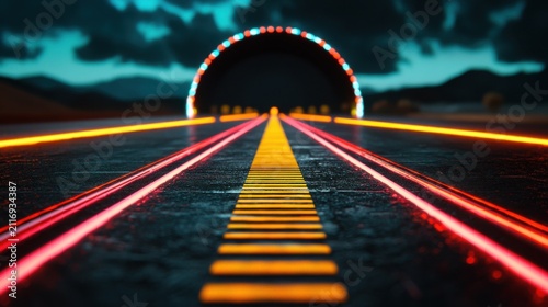 Advanced airport runway featuring vibrant holographic neon lights within an immersive virtual reality dome setting