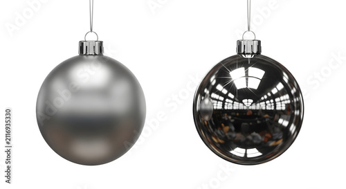 Set of two realistic silver Christmas tree bauble ornaments with a reflective surface isolated on a transparent background for holiday design