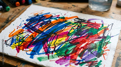 Vibrant Multicolored Scribbles Drawn With Markers On Textured Paper Placed On A Wooden Desk Surface To Represent Chaotic Creative Artistic Expression And Abstract Exploration During An Afternoon