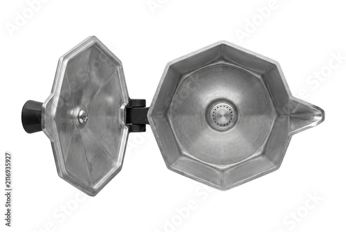 Fotografie Overhead view of an open octagonal silver moka pot