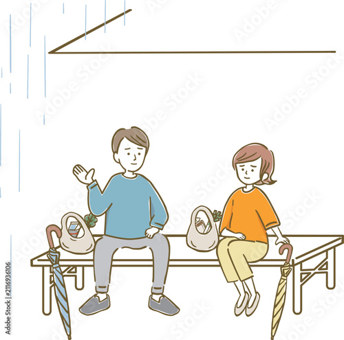 買い物帰りにベンチに座って雨宿りをする男女