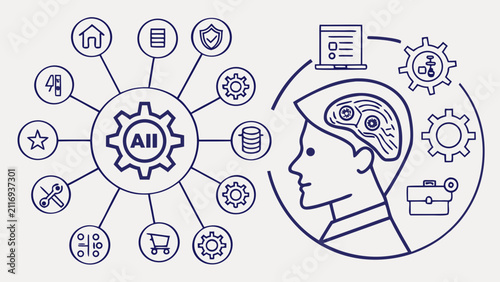 Artificial intelligence brain concept infographic with a human profile gear icons and network nodes in blue line art