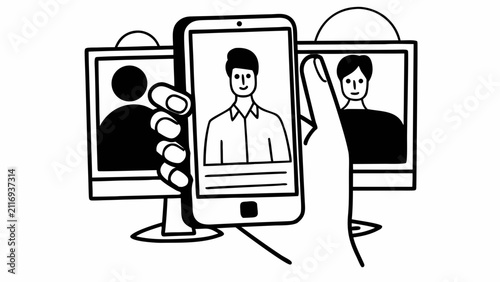 Hand holding a smartphone during a video call or online meeting with multiple participants on screens