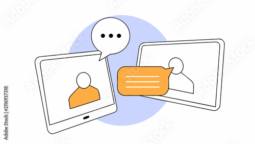 Flat vector illustration of online communication, video conference, and digital messaging between devices