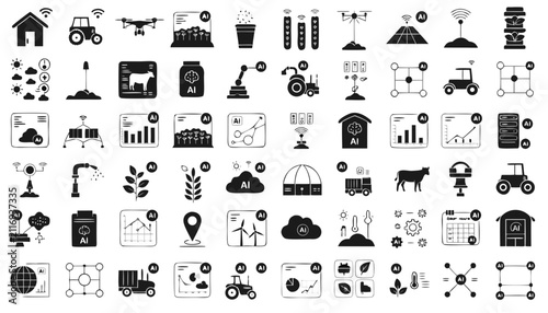 Set of smart farming and agriculture icons in glyph style, illustrating modern technology, automated systems, data analysis, and sustainable farming practices