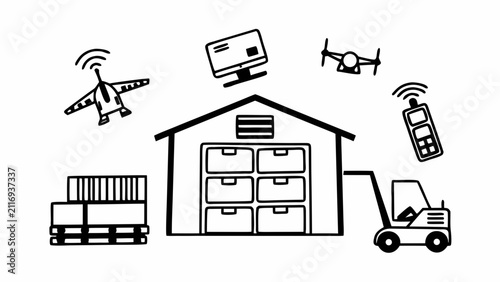 Smart Warehouse Logistics and Supply Chain Automation System Illustration with Drones and Forklift