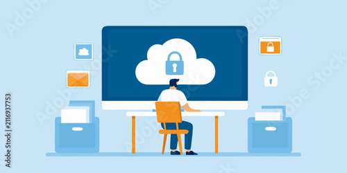 man working at desk with cloud lock vector illustration computer workstation office technology security data privacy professional business digital interface software networking internet