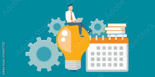 man sitting on light bulb with laptop flat vector illustration gear calendar books business idea innovation workplace professional technology education planning organization conceptual