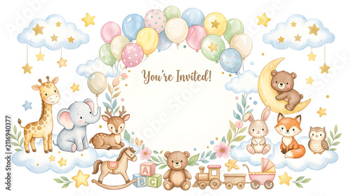 Cute watercolor baby shower illustration with balloons, clouds, stars, toys and adorable animals, pastel nursery style, invitation design, empty space for text, isolated on white background