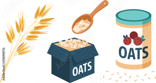 Fotografía Oatmeal and Whole Grain Breakfast Food Vector Icon Set with Oats Packaging Box,