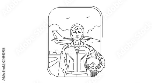 Female Pilot with Fighter Jet and Helmet - Line Art Illustration