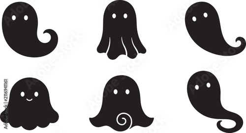 Six black ghost silhouettes with simple eyes and various shapes including swirls and curls for spooky halloween.