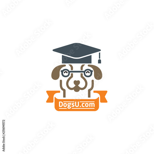 Smart dog wearing graduation cap and glasses logo vector, pet training and canine education university emblem illustration