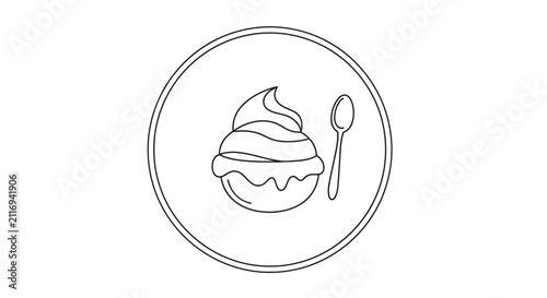 Dessert icon, ice cream, spoon, circle outline, vector illustration, simple
