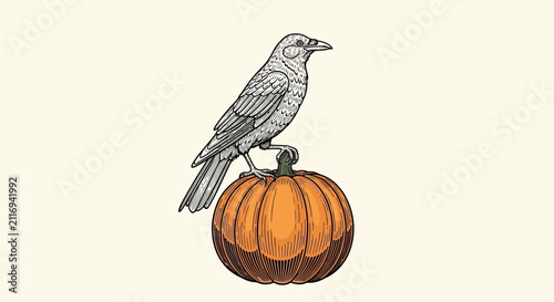 Detailed Illustration of Crow Perched on Pumpkin