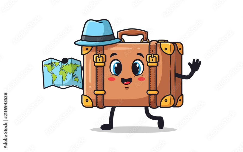 Fototapeta premium Cartoon Suitcase Character with Map Vector Illustration