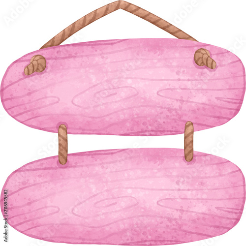 Hand-painted pink watercolor wooden hanging sign with rope, isolated on white. Ideal for labels, invitations, nursery decor, branding, packaging, greeting cards, and printable designs.