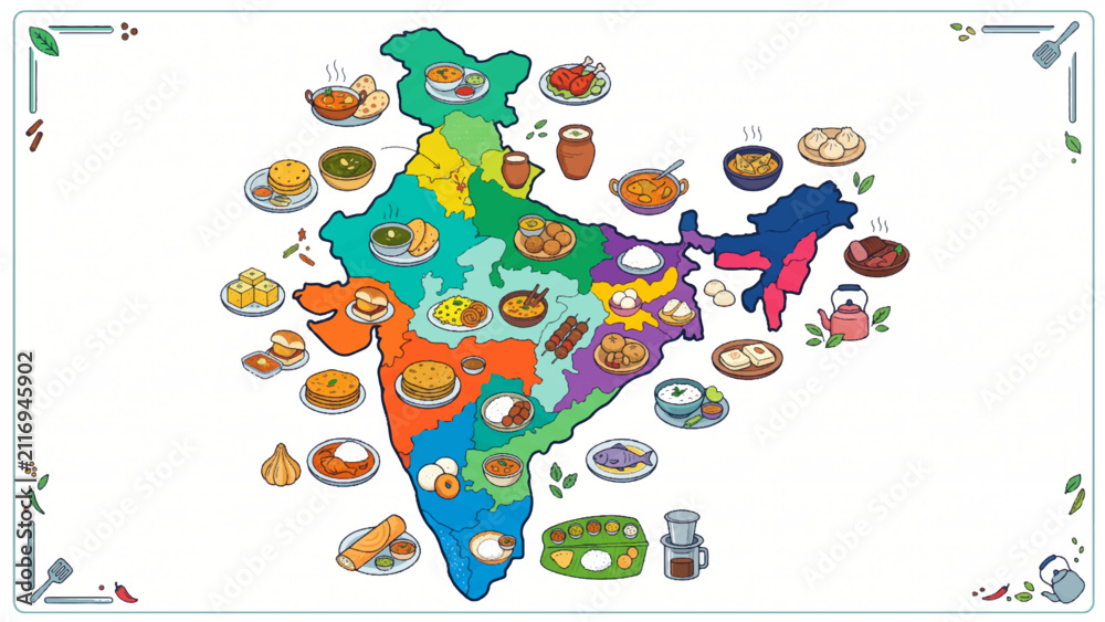 Fototapeta premium Indian Culinary Map Showing Diverse Traditional Food and Regional Dishes
