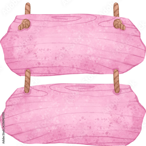 Hand-painted pink watercolor wooden hanging sign with rope, isolated on white. Ideal for labels, invitations, nursery decor, branding, packaging, greeting cards, and printable designs.
