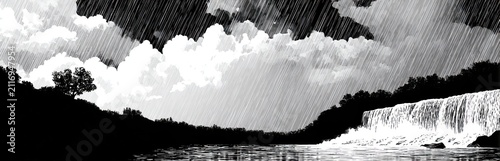 Dramatic monochrome landscape with waterfall and raining sky illustration art