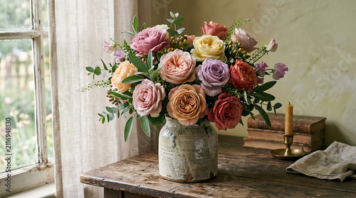 Pastel Peony Roses Arrangement Inside Rustic Ceramic Vase Resting On Antique Wooden Table Beside Window With Natural Sunlight Creating Peaceful Atmosphere For Home Interior Decor Living Room