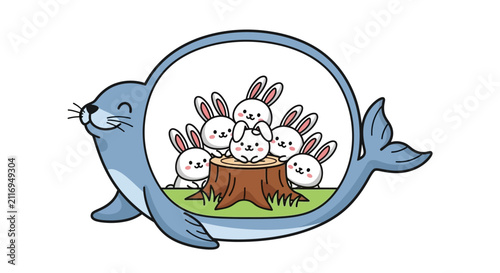 Cute Seal Hugging Rabbits Inside Circle Frame