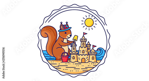 Cute squirrel building sandcastle on beach, summer vacation concept
