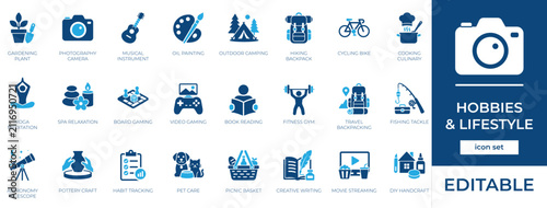 Creative Hobbies and Lifestyle Vector Icon Set. Premium Editable Recreation, Leisure, and Indoor Outdoor Activity UI Symbols.
