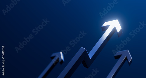 Foto Dynamic 3D render of multiple glowing blue upward arrows on a dark blue gradient