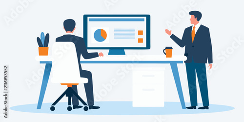 Fotografía two professionals discussing data on computer screen flat vector illustration bu