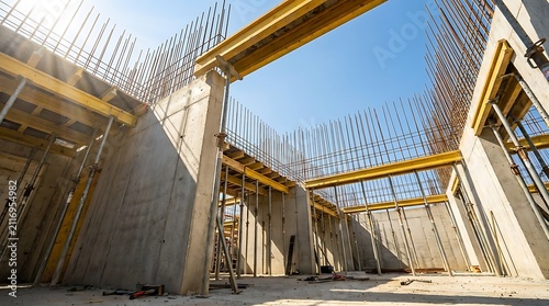 Construction site with concrete walls and steel reinforcement under blue sky
