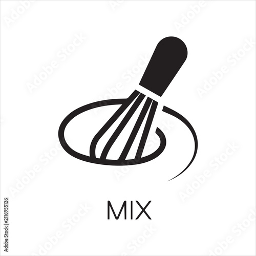 Black flat icon of whisk kitchen utensil. Egg beater graphic emblem on a gray background. Culinary symbol. Vector illustration.