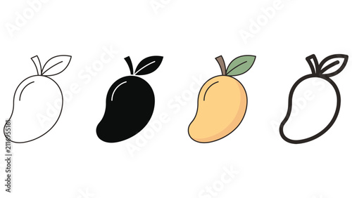 Collection of various stylized mango fruit icons with leaves