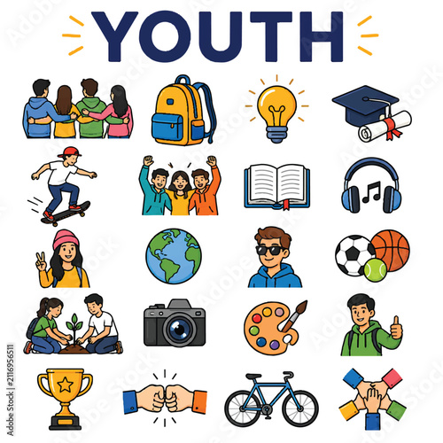 Youth Icons Set - Young People, Teen Lifestyle and Community Line Vector Collection