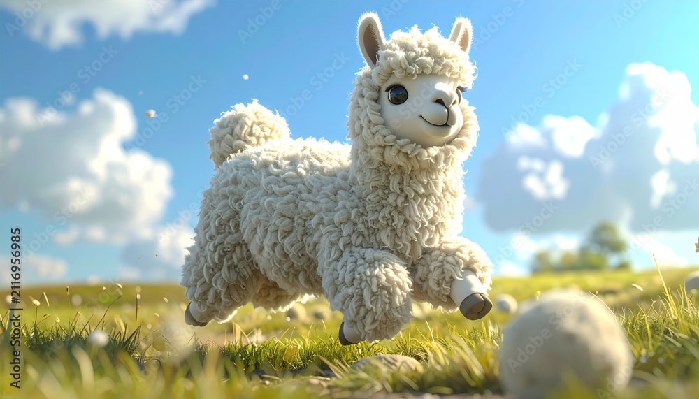 Naklejka premium Cheerful fluffy baby llama running playfully through a sunlit green meadow under a bright blue summer sky