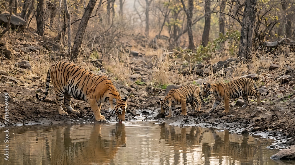 Fototapeta premium Bengal Tiger Mother and Two Cubs Drinking at Waterhole