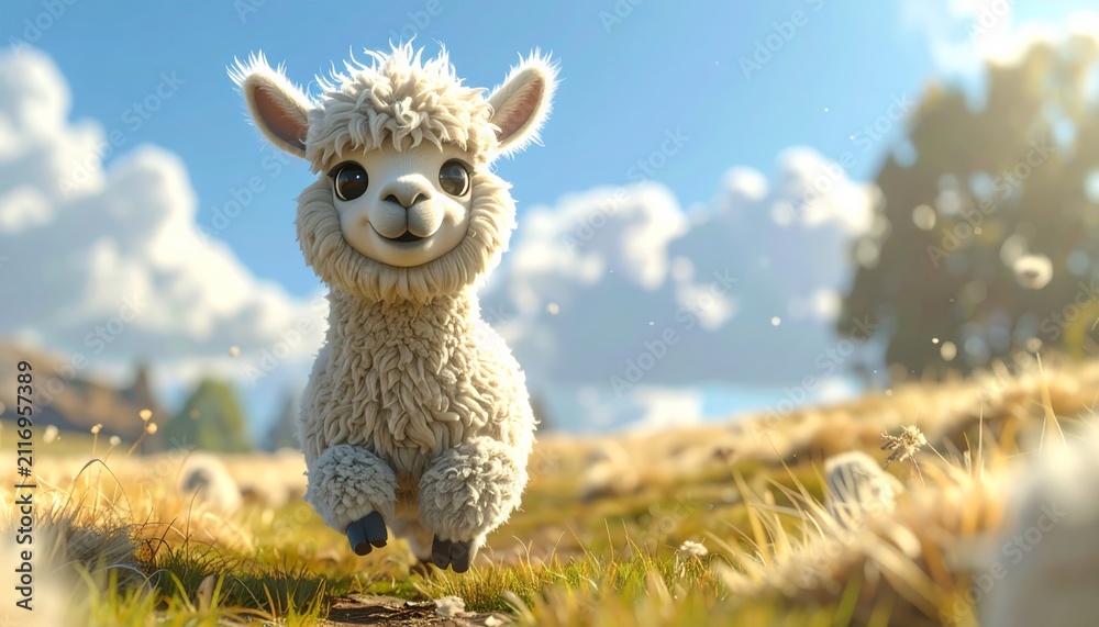 Naklejka premium Cute fluffy white baby alpaca running happily across a sunny mountain meadow in a charming 3D rendered cartoon style