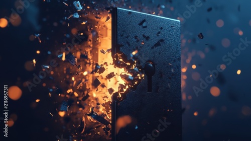 Digital Lock Shatters with Explosive Breach, Indicating System Compromise
